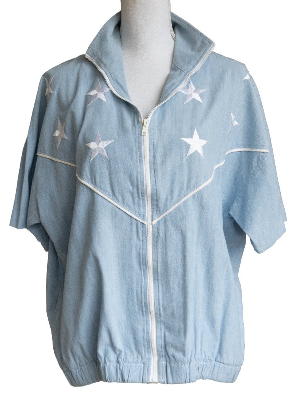 Vintage 80s Top Blue Celestial LA COSTA Star Embroidered Short Sleeve Zip Up